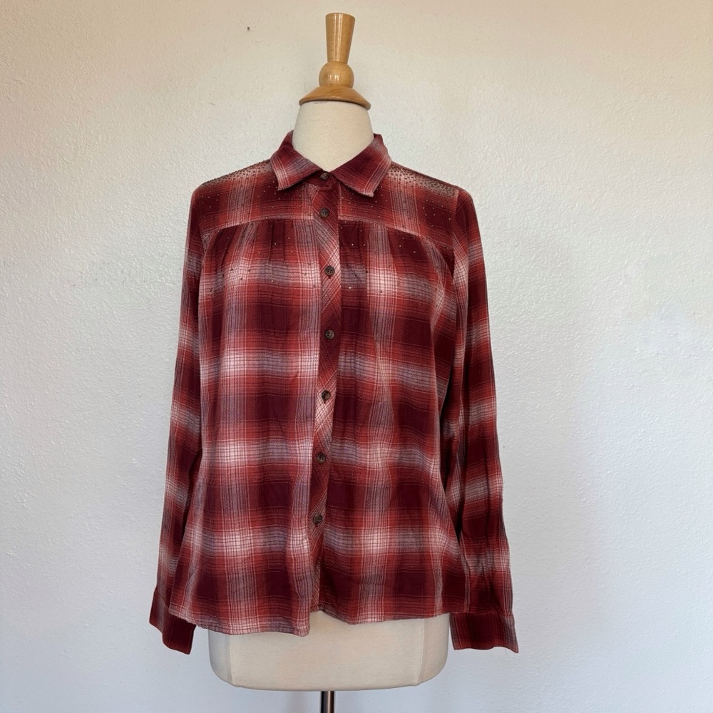 Shyanne Maroon Plaid Long Sleeve Rhinestone Embellished Open Back Button Down